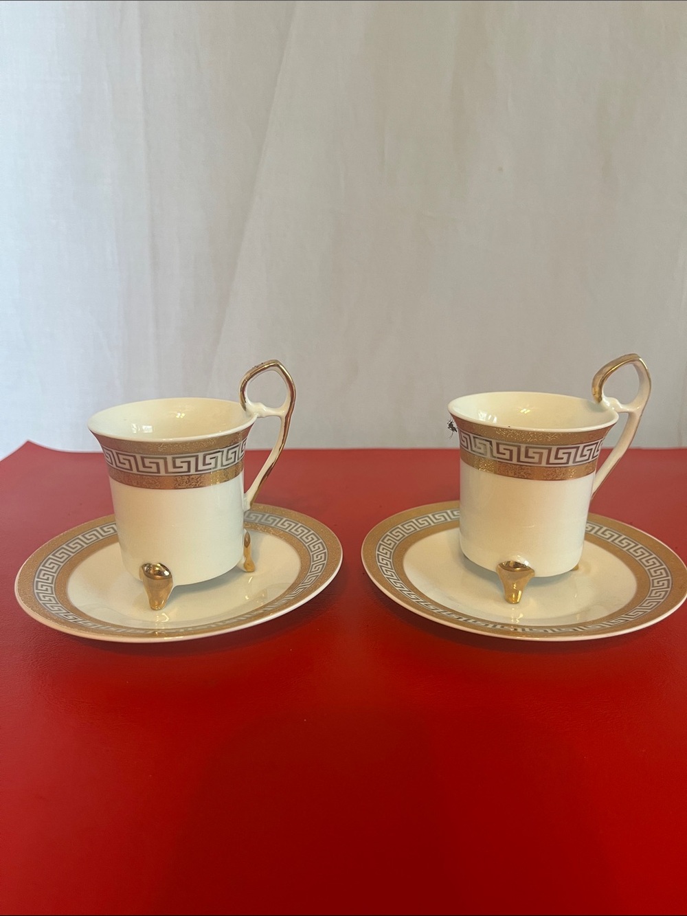 Elegant White Porcelain Demitasse Cup & Saucer Set with Gold Trim set of 2